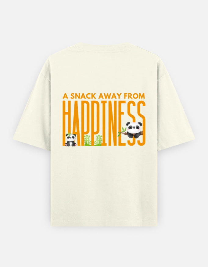 Snack Away oversized t-shirt back design — A Snack Away From Happiness — Off White unisex cotton tee | StyleUp.Today