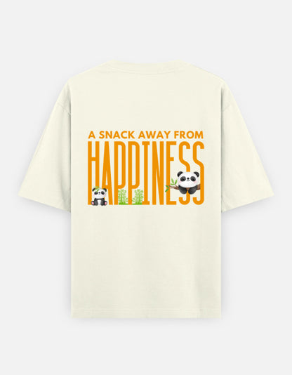 Snack Away oversized t-shirt back design — A Snack Away From Happiness — Off White unisex cotton tee | StyleUp.Today