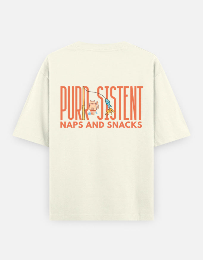 Purr-Sistent oversized t-shirt back design — Purr-Sistent — Naps and Snacks — Off White unisex cotton tee | StyleUp.Today
