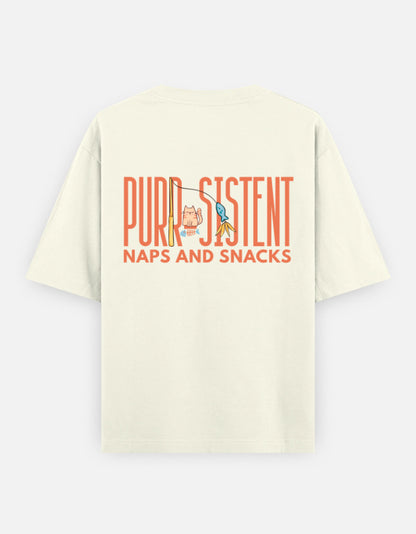 Purr-Sistent oversized t-shirt back design — Purr-Sistent — Naps and Snacks — Off White unisex cotton tee | StyleUp.Today