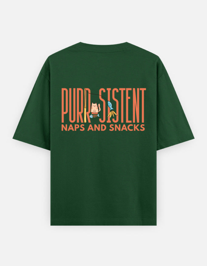 Purr-Sistent oversized t-shirt back design — Purr-Sistent — Naps and Snacks — Bottle Green unisex cotton tee | StyleUp.Today