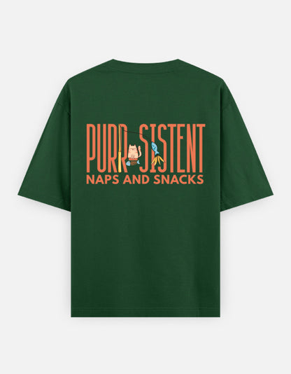 Purr-Sistent oversized t-shirt back design — Purr-Sistent — Naps and Snacks — Bottle Green unisex cotton tee | StyleUp.Today