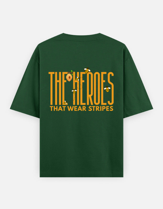 'Bee' A Hero oversized t-shirt back design — The Heroes That Wear Stripes — Bottle Green unisex cotton tee | StyleUp.Today