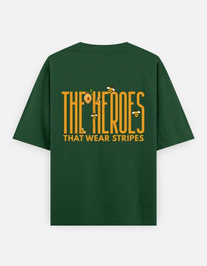 'Bee' A Hero oversized t-shirt back design — The Heroes That Wear Stripes — Bottle Green unisex cotton tee | StyleUp.Today