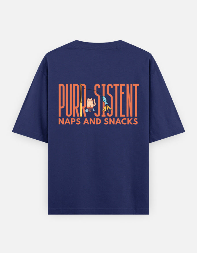 Purr-Sistent oversized t-shirt back design — Purr-Sistent — Naps and Snacks — Royal Blue unisex cotton tee | StyleUp.Today