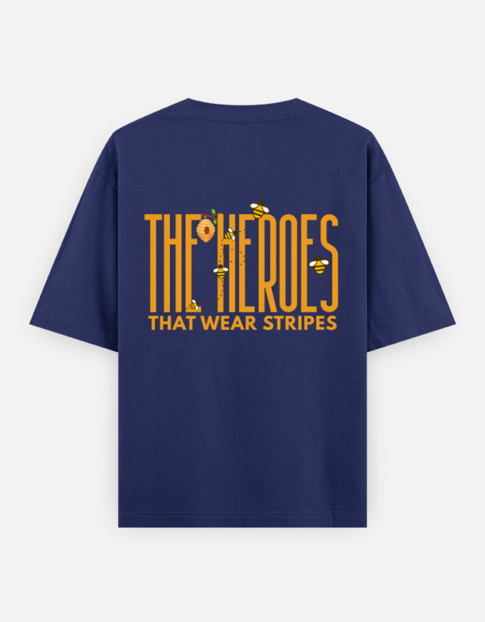 'Bee' A Hero oversized t-shirt back design — The Heroes That Wear Stripes — Royal Blue unisex cotton tee | StyleUp.Today