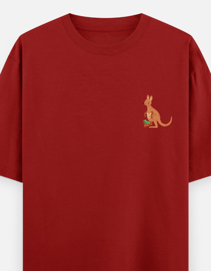 Jumping To Conclusions oversized t-shirt front pocket print — Red drop-shoulder unisex tee | StyleUp.Today