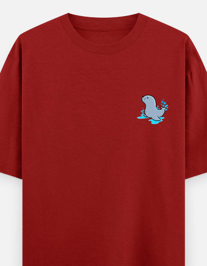 Seal Of Approval oversized t-shirt front pocket print — Red drop-shoulder unisex tee | StyleUp.Today
