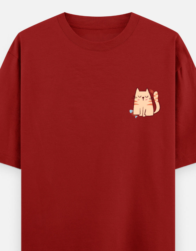 Purr-Sistent oversized t-shirt front pocket print — Red drop-shoulder unisex tee | StyleUp.Today