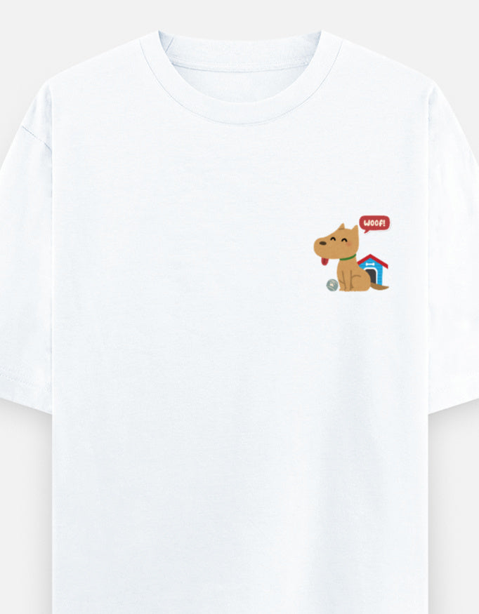 Paw-Sible Life oversized t-shirt front pocket print — White drop-shoulder unisex tee | StyleUp.Today