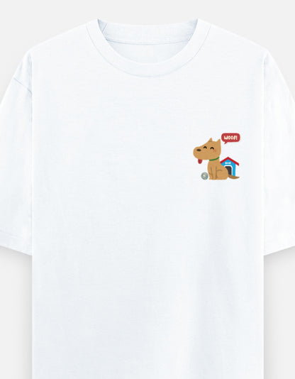 Paw-Sible Life oversized t-shirt front pocket print — White drop-shoulder unisex tee | StyleUp.Today