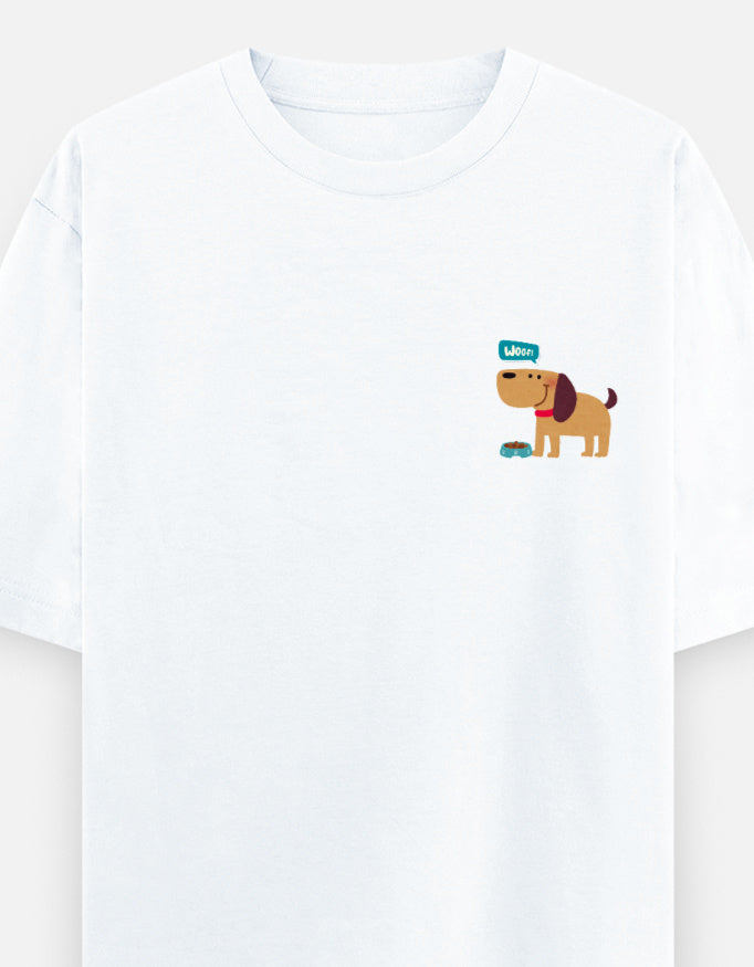 Fetching Good Vibes oversized t-shirt front pocket print — White drop-shoulder unisex tee | StyleUp.Today