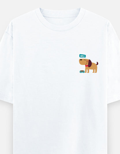 Fetching Good Vibes oversized t-shirt front pocket print — White drop-shoulder unisex tee | StyleUp.Today