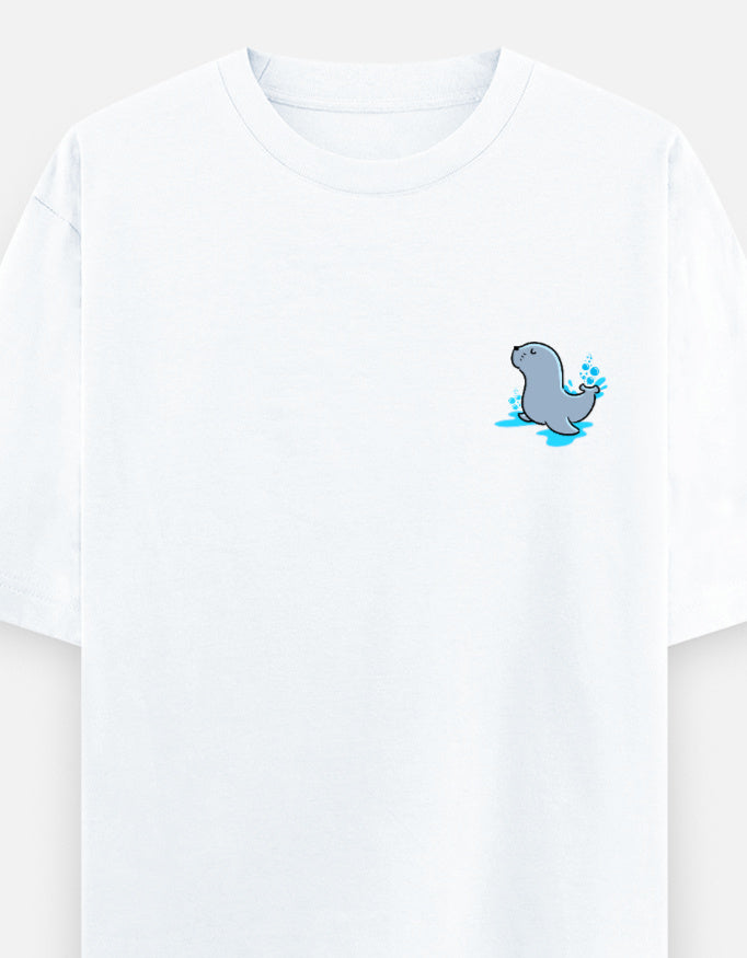 Seal Of Approval oversized t-shirt front pocket print — White drop-shoulder unisex tee | StyleUp.Today