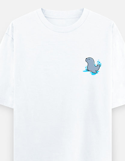 Seal Of Approval oversized t-shirt front pocket print — White drop-shoulder unisex tee | StyleUp.Today
