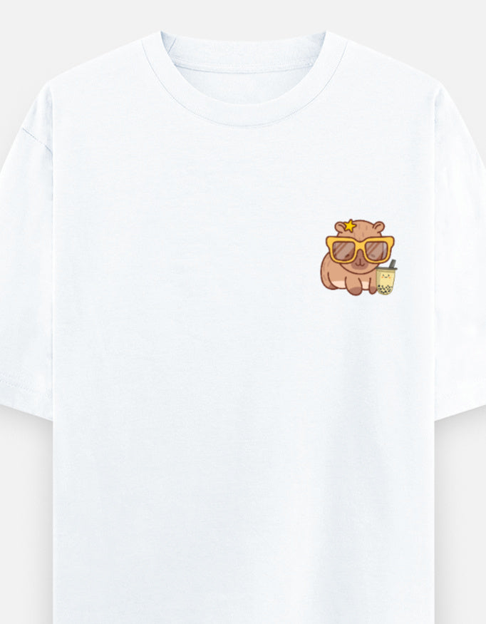 Capy-Zen-Bara oversized t-shirt front pocket print — White drop-shoulder unisex tee | StyleUp.Today
