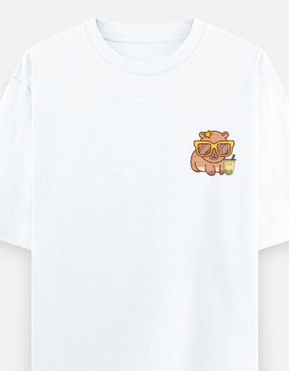 Capy-Zen-Bara oversized t-shirt front pocket print — White drop-shoulder unisex tee | StyleUp.Today