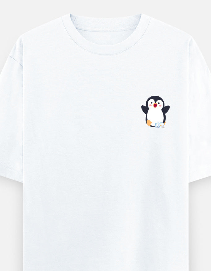 Waddling To Success oversized t-shirt front pocket print — White drop-shoulder unisex tee | StyleUp.Today