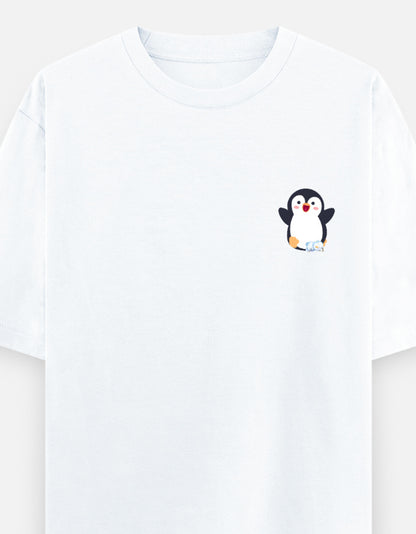 Waddling To Success oversized t-shirt front pocket print — White drop-shoulder unisex tee | StyleUp.Today