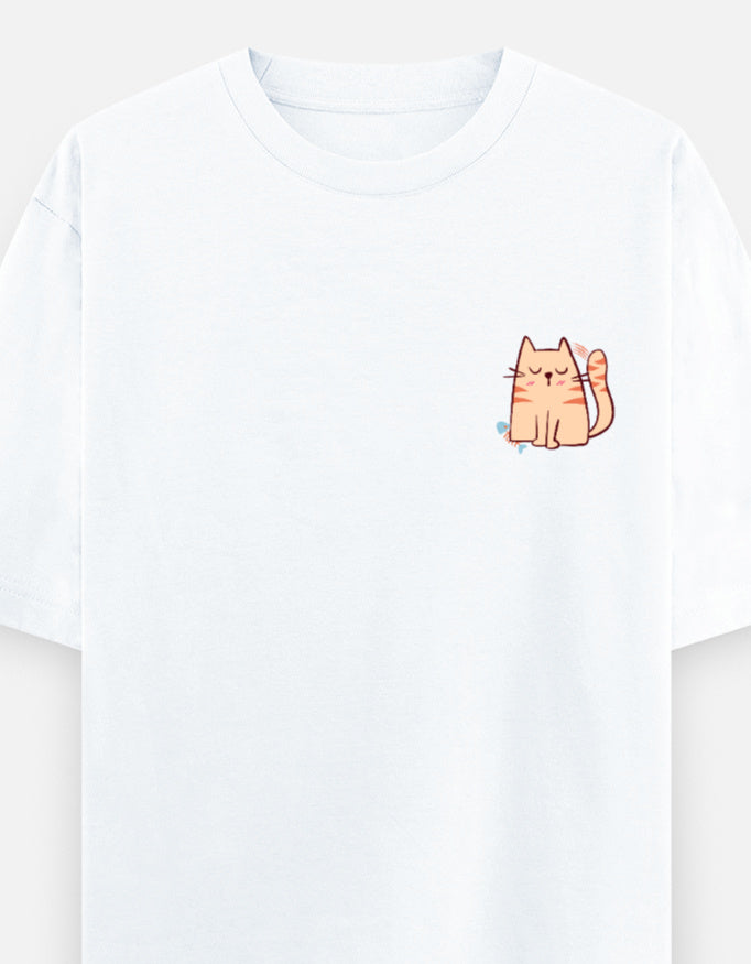 Purr-Sistent oversized t-shirt front pocket print — White drop-shoulder unisex tee | StyleUp.Today