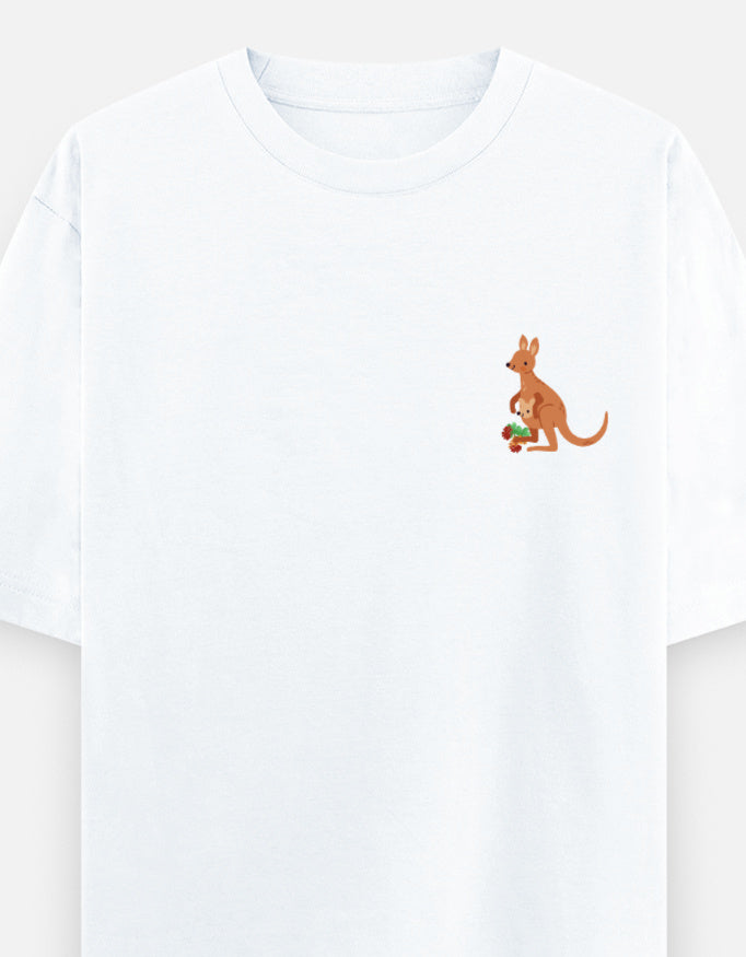 Jumping To Conclusions oversized t-shirt front pocket print — White drop-shoulder unisex tee | StyleUp.Today