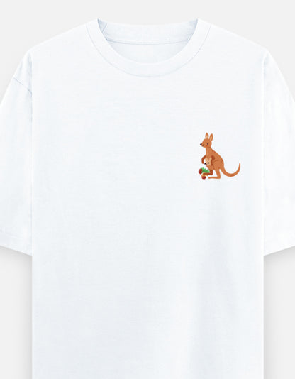 Jumping To Conclusions oversized t-shirt front pocket print — White drop-shoulder unisex tee | StyleUp.Today
