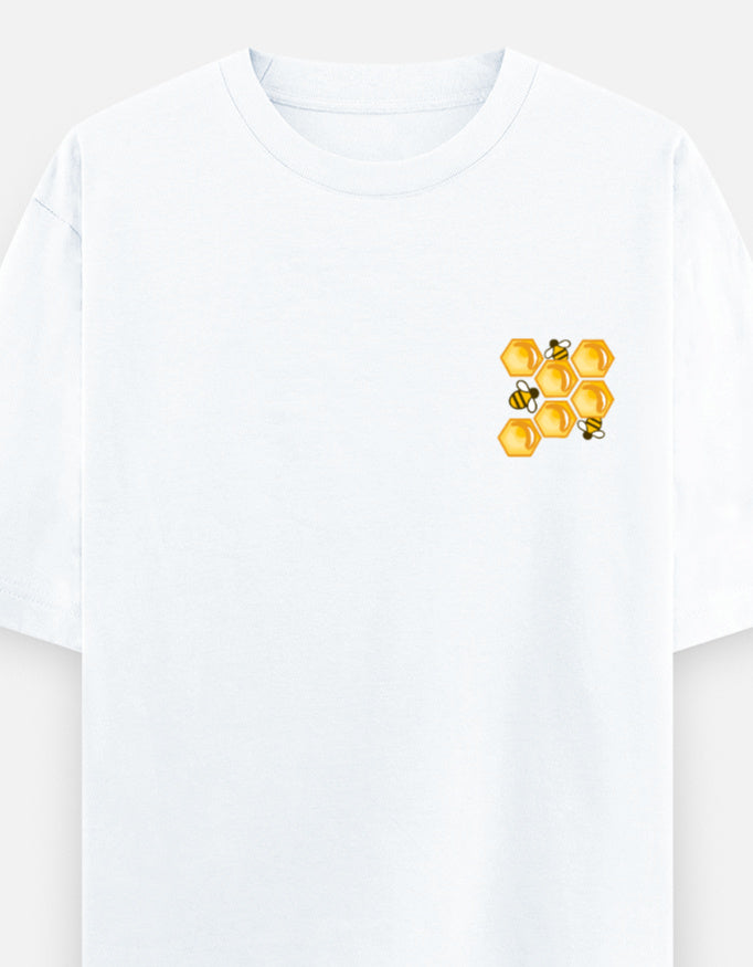'Bee' A Hero oversized t-shirt front pocket print — White drop-shoulder unisex tee | StyleUp.Today