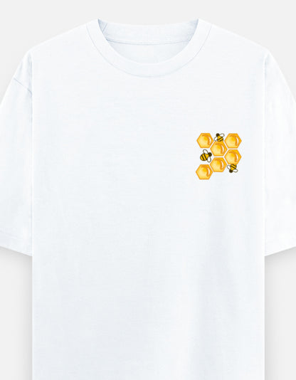'Bee' A Hero oversized t-shirt front pocket print — White drop-shoulder unisex tee | StyleUp.Today