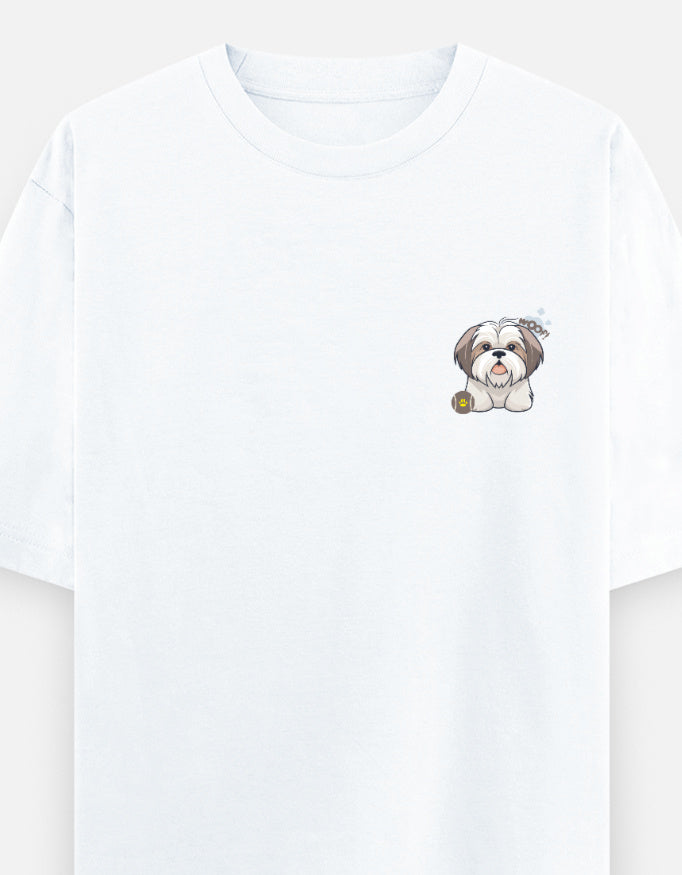 Sassy Shih Tzu oversized t-shirt front pocket print — White drop-shoulder unisex tee | StyleUp.Today