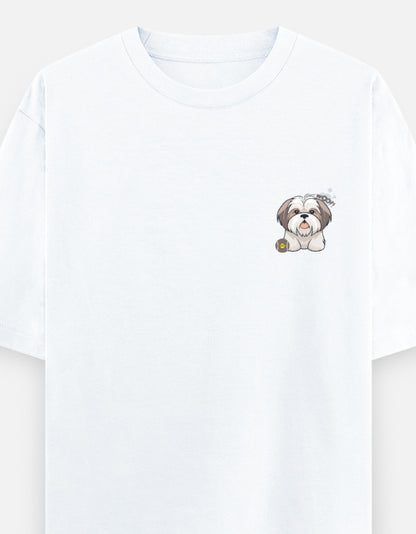Sassy Shih Tzu oversized t-shirt front pocket print — White drop-shoulder unisex tee | StyleUp.Today