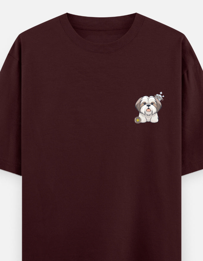 Sassy Shih Tzu oversized t-shirt front pocket print — Maroon drop-shoulder unisex tee | StyleUp.Today