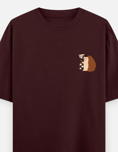 Prickly But Lovable oversized t-shirt front pocket print — Maroon drop-shoulder unisex tee | StyleUp.Today