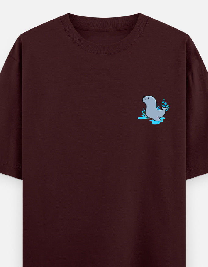 Seal Of Approval oversized t-shirt front pocket print — Maroon drop-shoulder unisex tee | StyleUp.Today