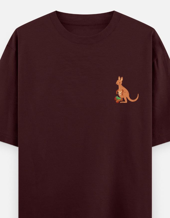 Jumping To Conclusions oversized t-shirt front pocket print — Maroon drop-shoulder unisex tee | StyleUp.Today