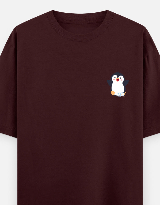 Waddling To Success oversized t-shirt front pocket print — Maroon drop-shoulder unisex tee | StyleUp.Today
