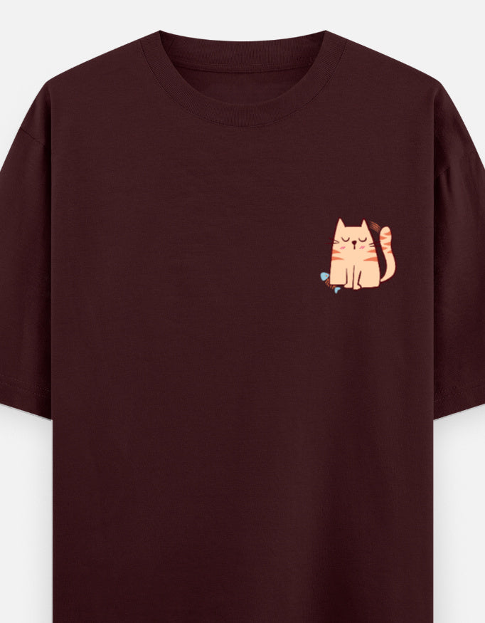 Purr-Sistent oversized t-shirt front pocket print — Maroon drop-shoulder unisex tee | StyleUp.Today