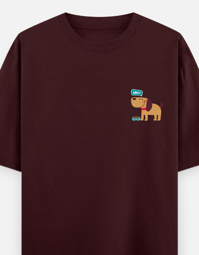 Fetching Good Vibes oversized t-shirt front pocket print — Maroon drop-shoulder unisex tee | StyleUp.Today