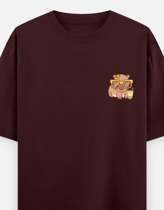 Capy-Zen-Bara oversized t-shirt front pocket print — Maroon drop-shoulder unisex tee | StyleUp.Today