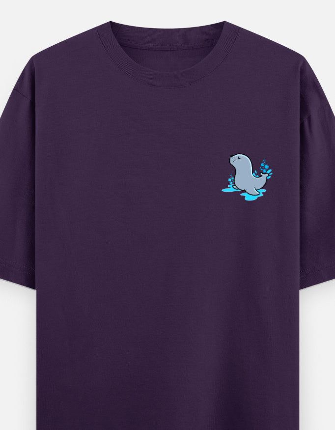 Seal Of Approval oversized t-shirt front pocket print — Purple drop-shoulder unisex tee | StyleUp.Today