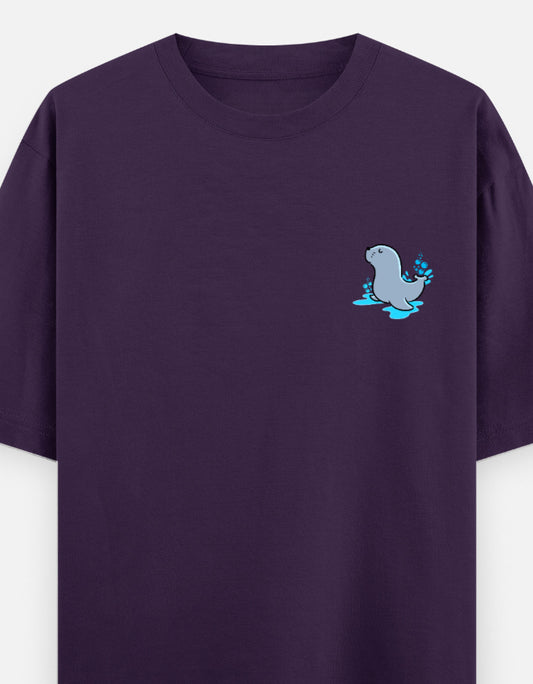 Seal Of Approval oversized t-shirt front pocket print — Purple drop-shoulder unisex tee | StyleUp.Today