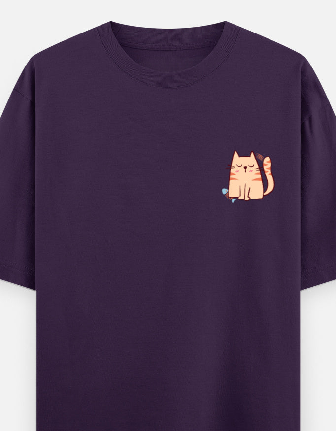 Purr-Sistent oversized t-shirt front pocket print — Purple drop-shoulder unisex tee | StyleUp.Today