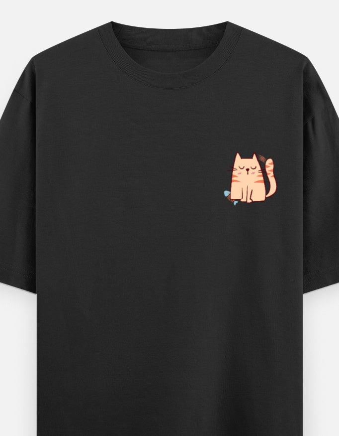 Purr-Sistent oversized t-shirt front pocket print — Black drop-shoulder unisex tee | StyleUp.Today