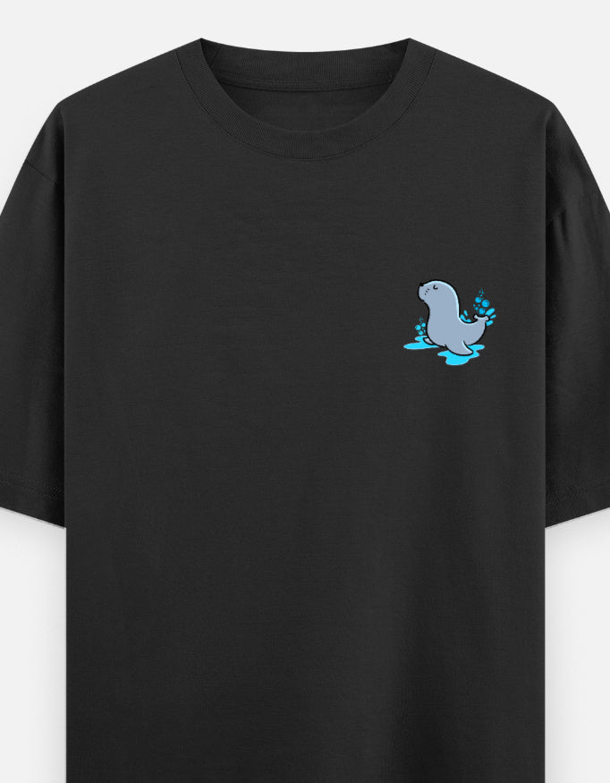 Seal Of Approval oversized t-shirt front pocket print — Black drop-shoulder unisex tee | StyleUp.Today