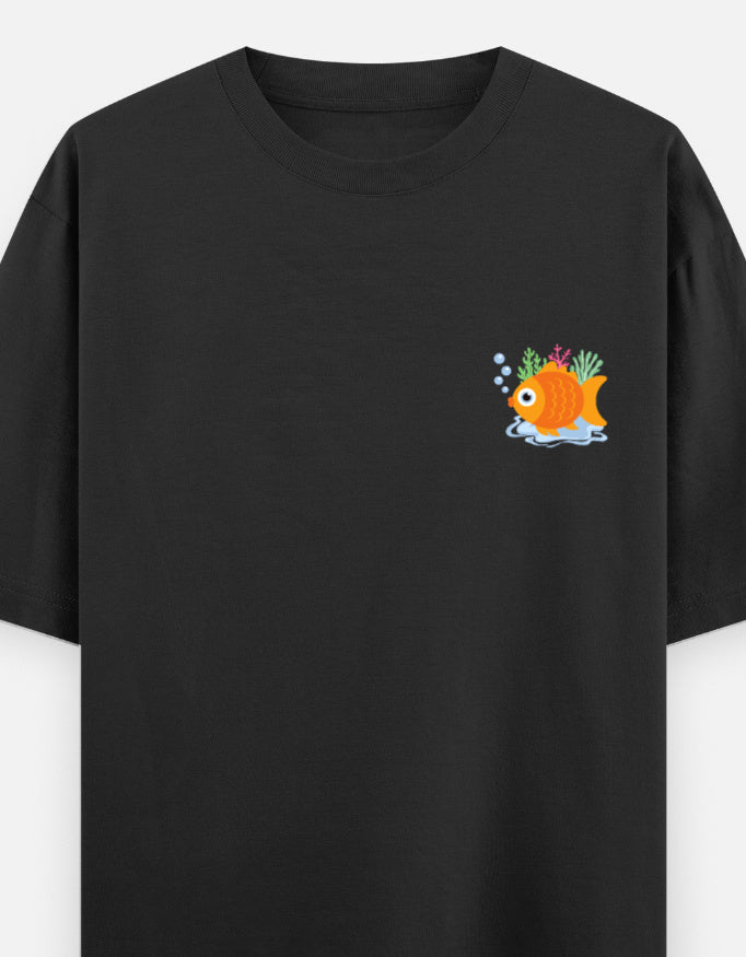 Follow Bubbles oversized t-shirt front pocket print — Black drop-shoulder unisex tee | StyleUp.Today