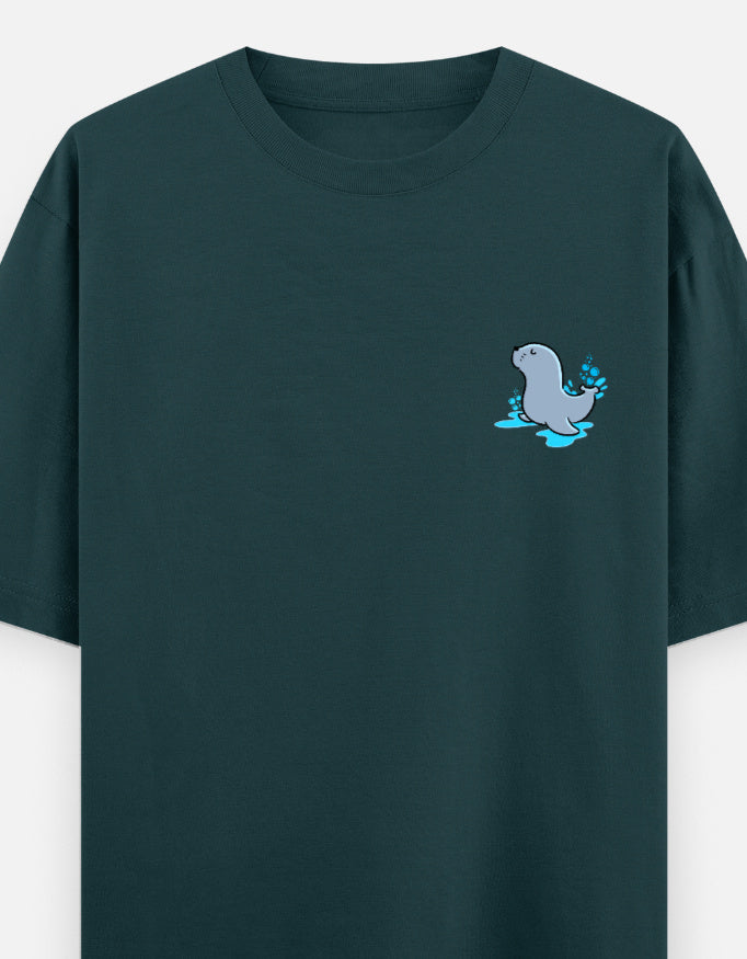 Seal Of Approval oversized t-shirt front pocket print — Petrol Blue drop-shoulder unisex tee | StyleUp.Today