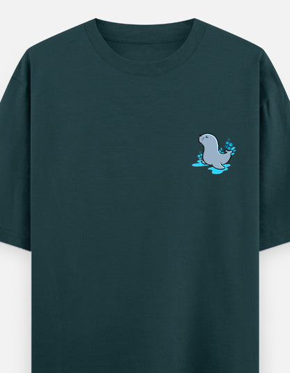 Seal Of Approval oversized t-shirt front pocket print — Petrol Blue drop-shoulder unisex tee | StyleUp.Today