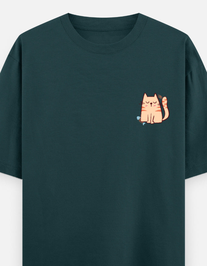 Purr-Sistent oversized t-shirt front pocket print — Petrol Blue drop-shoulder unisex tee | StyleUp.Today