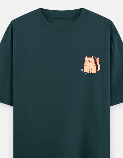 Purr-Sistent oversized t-shirt front pocket print — Petrol Blue drop-shoulder unisex tee | StyleUp.Today