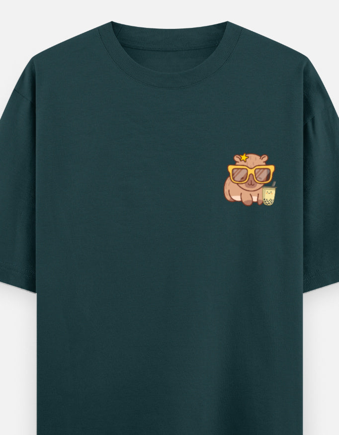 Capy-Zen-Bara oversized t-shirt front pocket print — Petrol Blue drop-shoulder unisex tee | StyleUp.Today