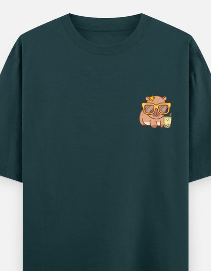 Capy-Zen-Bara oversized t-shirt front pocket print — Petrol Blue drop-shoulder unisex tee | StyleUp.Today